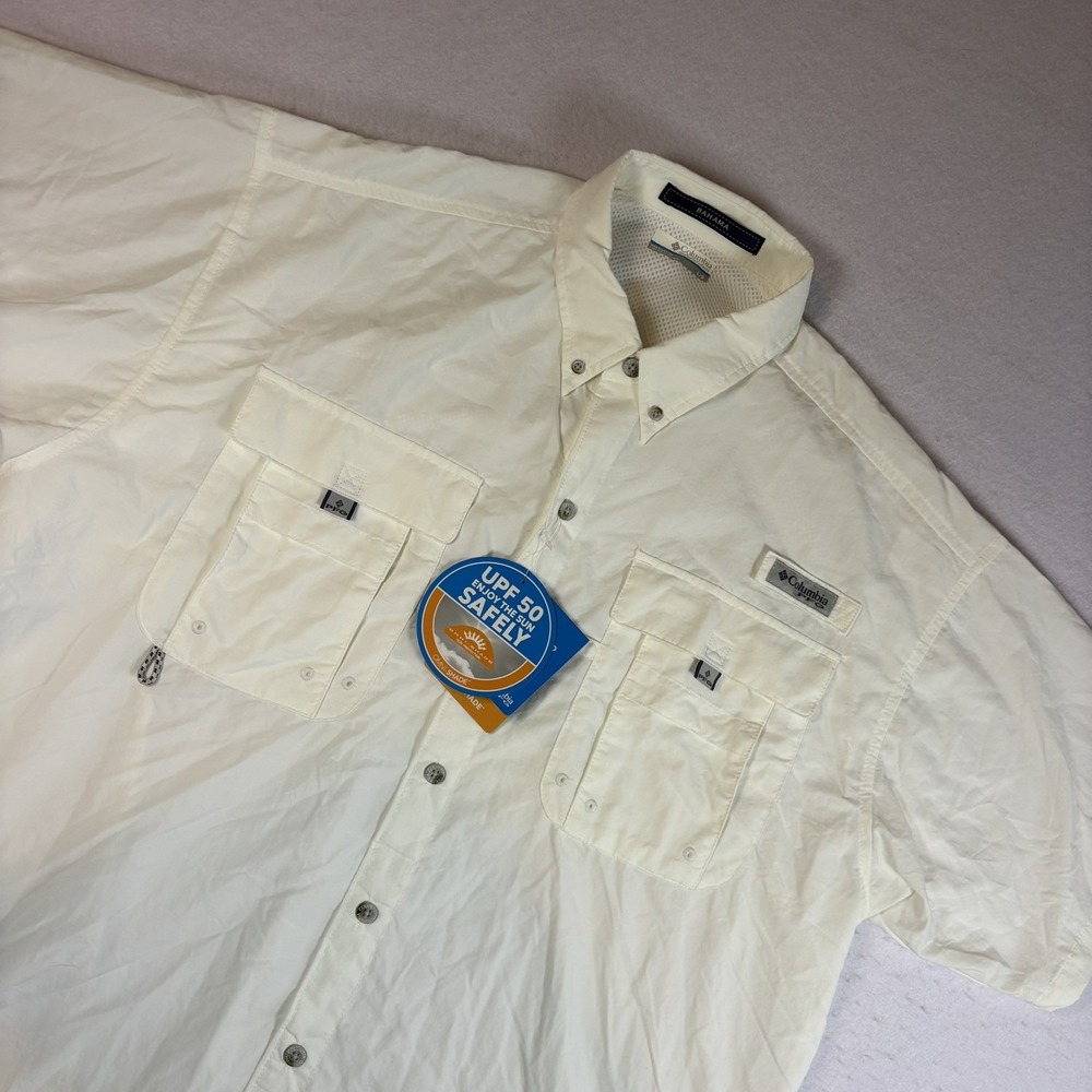 Men's Columbia Bahama PFG Short Sleeve Fishing Shirt Omi-Shade UPF 50 White Sz L